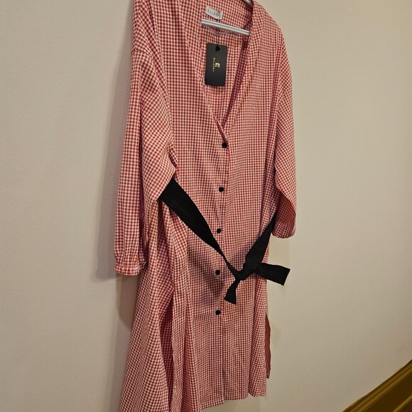 Ellazhu Womens Red White Gingham Long Oversized Button-Up Dress W/ Black Ribbon - Picture 7 of 8
